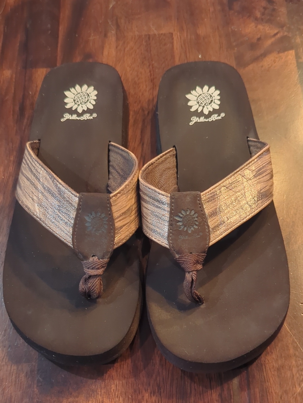 Yellow Box Bronze Metallic Strap Brown Platform Thong Sandals